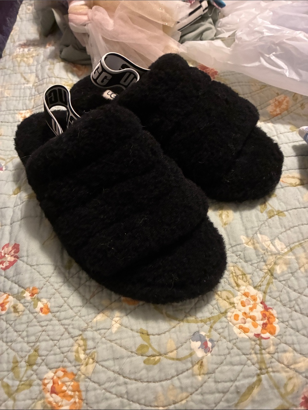 UGG Black Fluff Yeah Slide Slippers with Logo Heel Strap